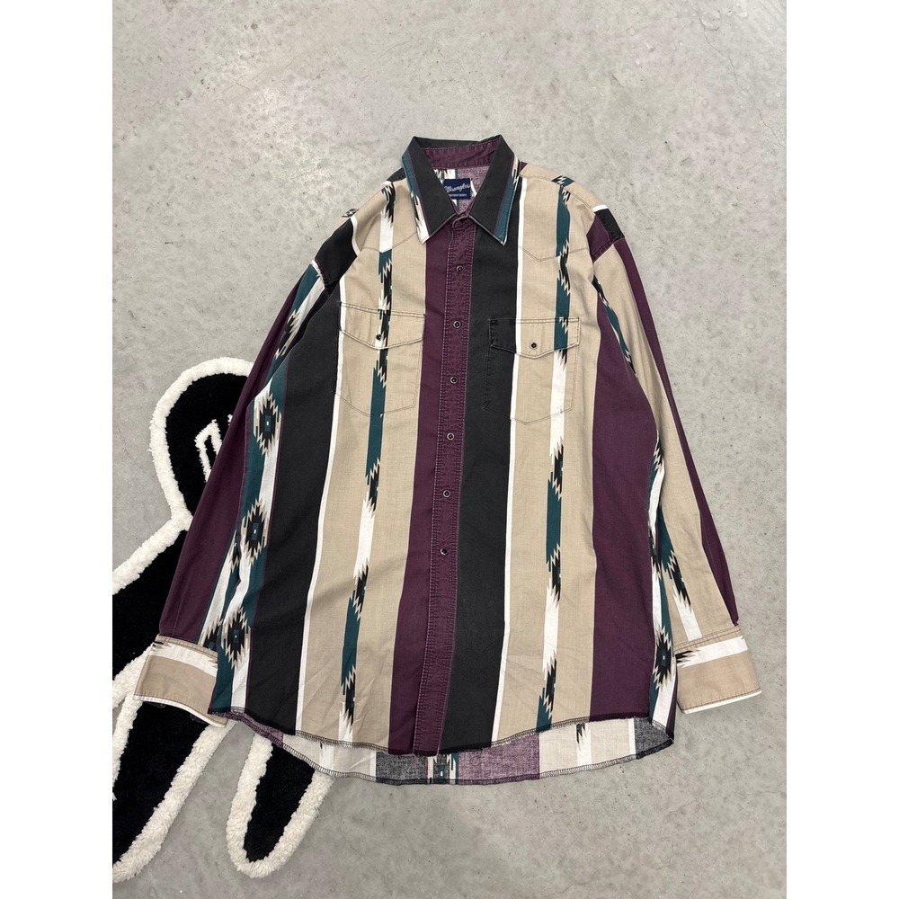 Wrangler Western Shirt Mens Large Tall Purple Aztec Stripe Pearl Snap LS